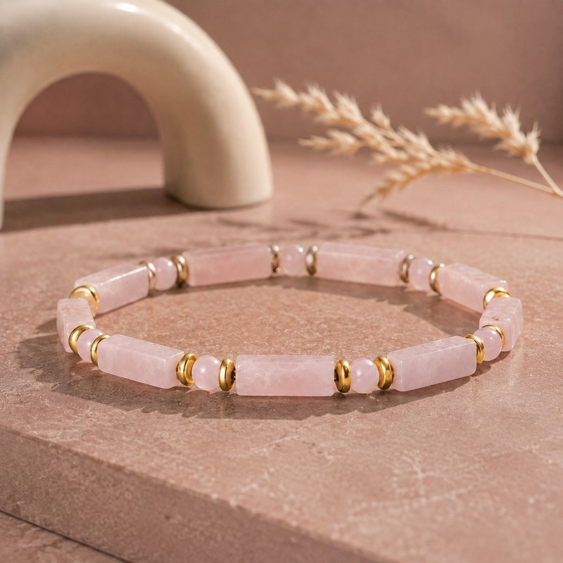 Romantic Pink Rectangular & Round Bead Bracelet, Elegant Gift